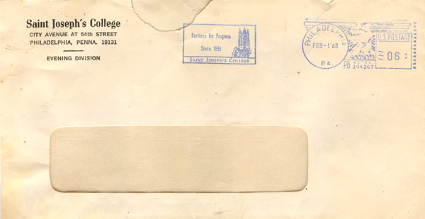 Envelope from St. Joseph's College, 1969
