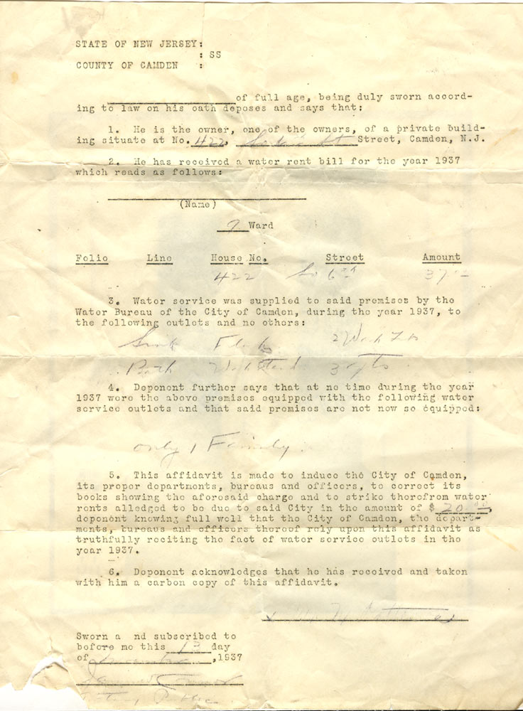 1937 Water Bill for 422 South 6th Street