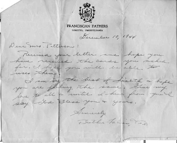 Letter from Brother Fabian to Mrs. Anna Mary Patterson, December 10, 1944
