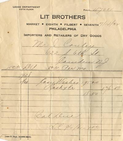 Receipt for washing machine purchase, 422 South 6th Street, 1932