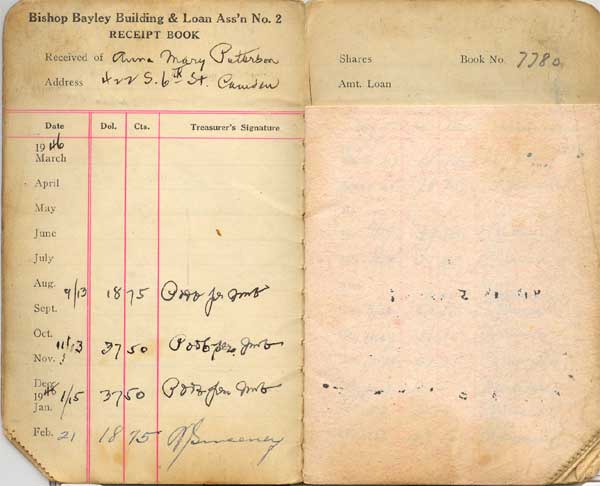 Bishop Bayley Building and Loan Association receipt book page