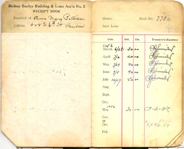 Bishop Bayley Building and Loan Association receipt book page
