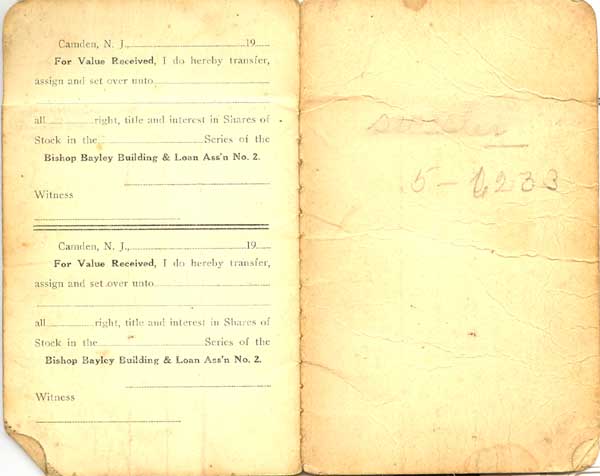 Bishop Bayley Building and Loan Association receipt book page
