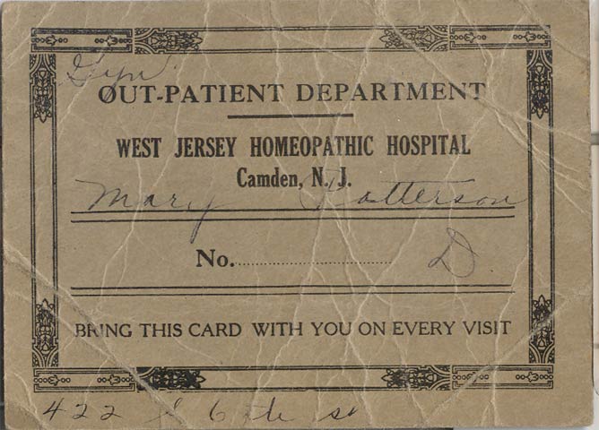 West Jersey Homeopathic Hospital Outpatient Pass, 1944, front