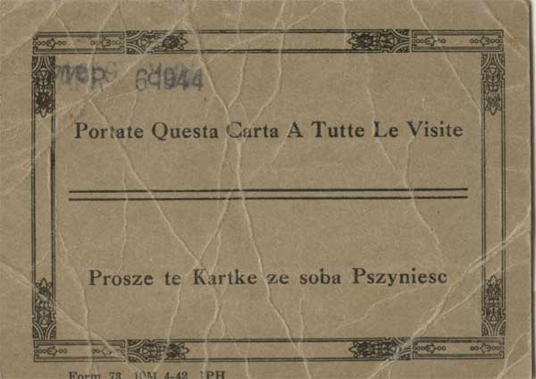 West Jersey Homeopathic Hospital Outpatient Pass, 1944, rear
