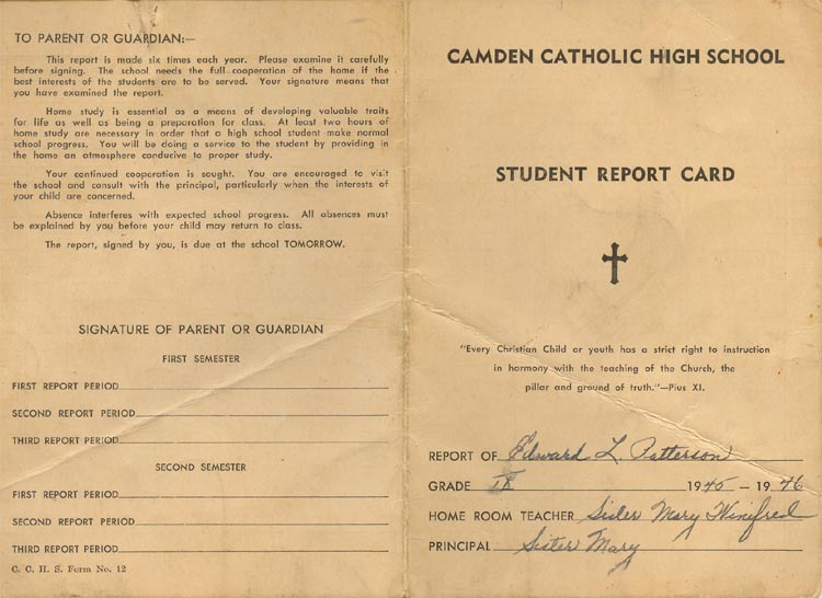 Camden Catholic High School report card, June 1946, page 1