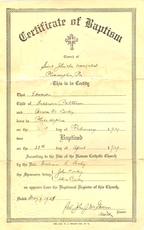Ed Patterson baptism record, Philadelphia 1929