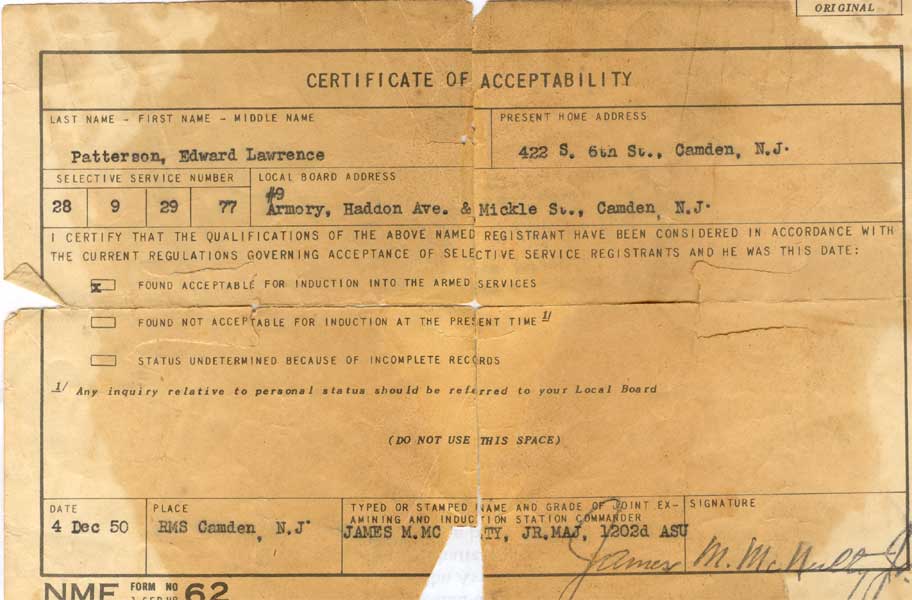 Certificate of Acceptability for Military Service, Edward L. Patterson, December 4, 1950