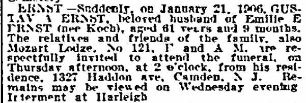 Philadelphia Inquirer, January 23, 1906 — death of Gustav Ernst