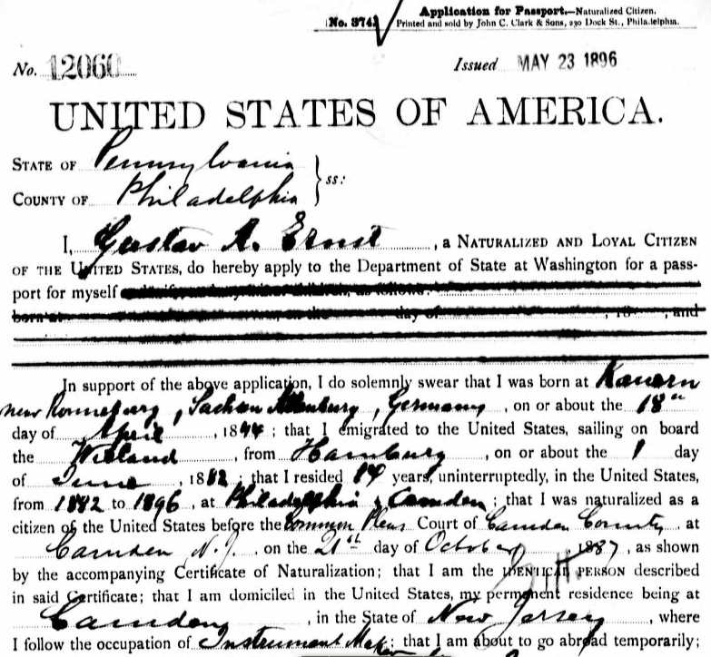 Gustav A. Ernst passport application, May 23, 1896, page 1