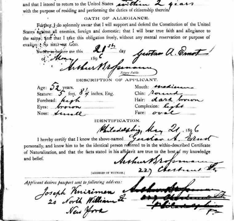 Gustav A. Ernst passport application, May 23, 1896, page 2