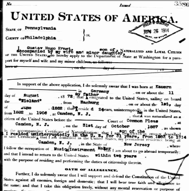 G. Hugo Ernst passport application, 1914, page 1