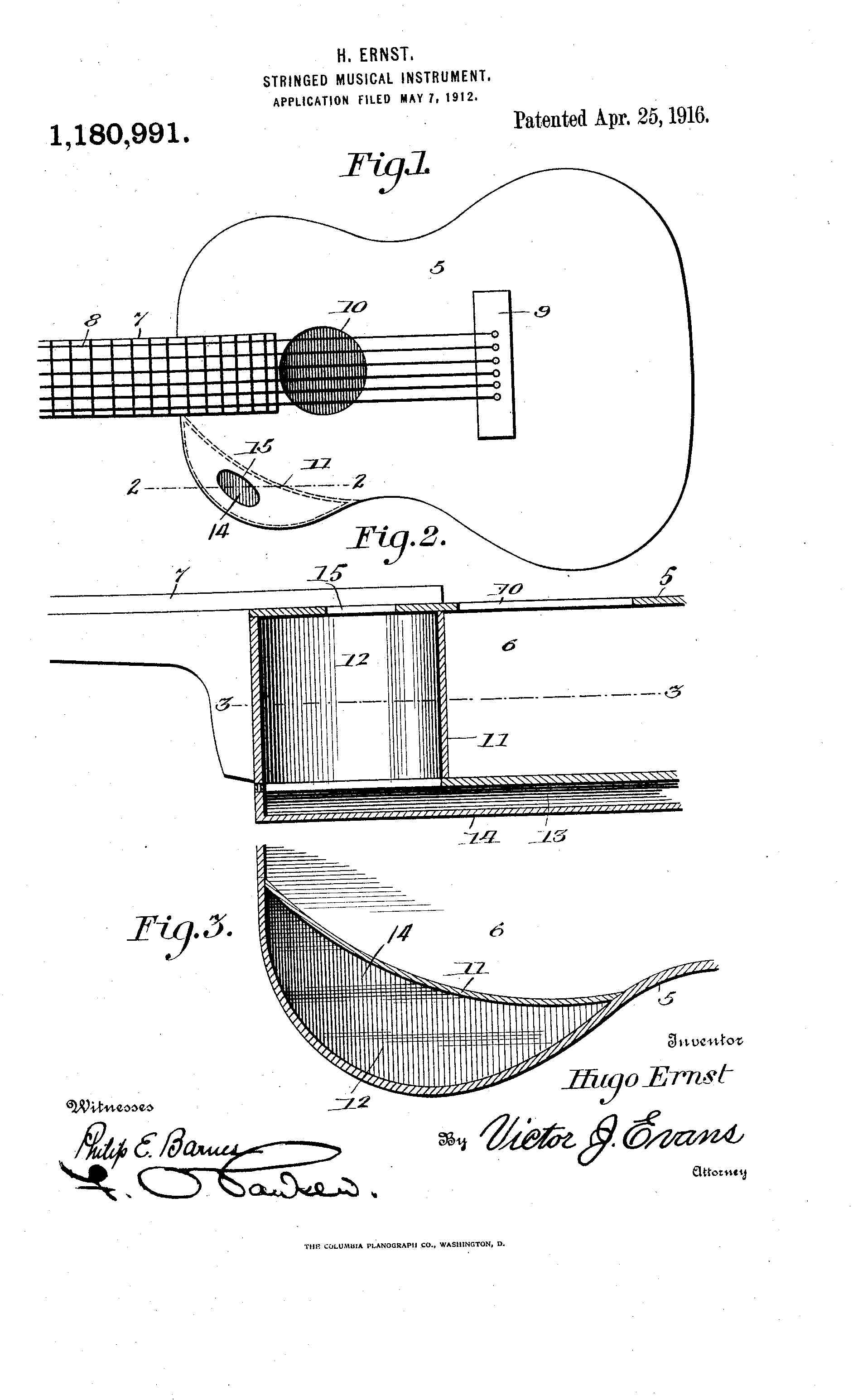 Hugo Ernst patent drawing for double-body stringed instrument, 1916