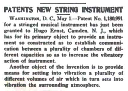 Music Trade Review, May 6, 1916 — Hugo Ernst patent announcement