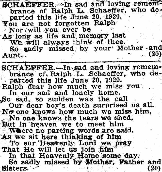 Philadelphia Inquirer June 20 1922 - In Memoriam Ralph L. Schaeffer