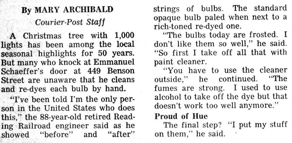 Courier-Post article about Emmanuel Schaeffer's Christmas display, December 24 1965