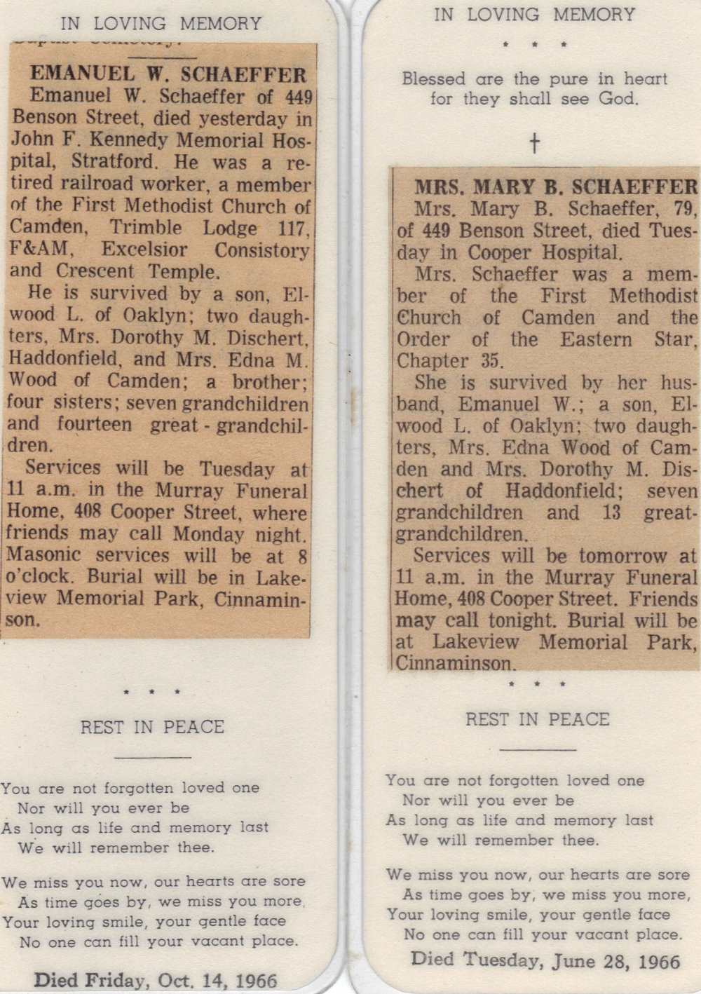 Obituary for Emanuel W. Schaeffer and Mrs. Mary B. Schaeffer, 1966
