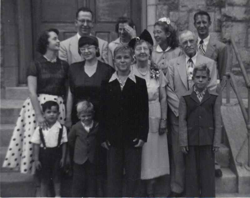 Schaeffer family at First Methodist Church steps, circa 1950