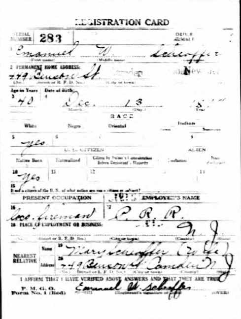 World War I draft card for Emmanuel Schaeffer, front