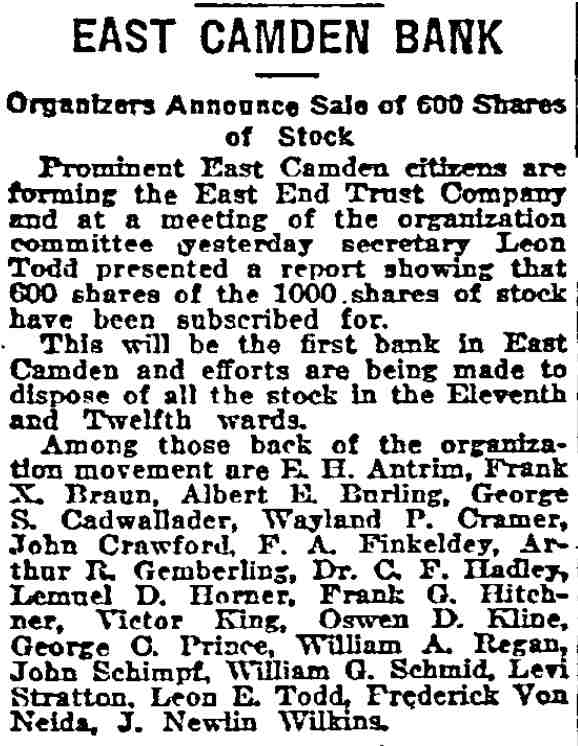 East Camden Bank — Organizers Announce Sale of 600 Shares of Stock, Philadelphia Inquirer, March 28, 1920