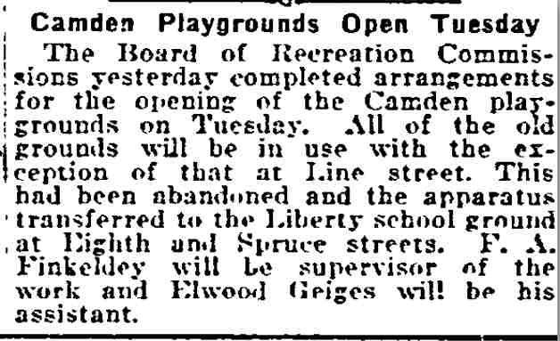 Camden Playgrounds Open Tuesday - Philadelphia Inquirer, June 29, 1919