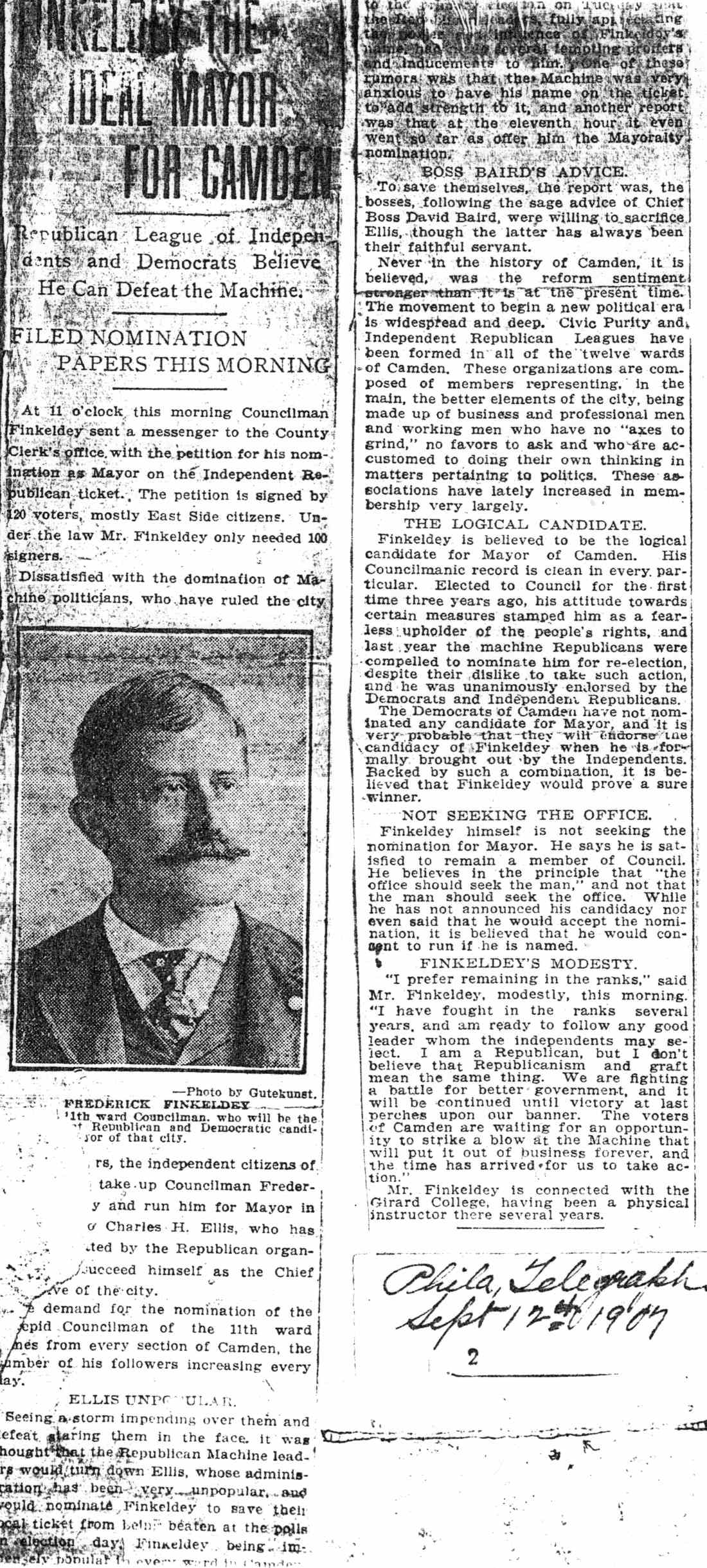 Philadelphia Telegraph — September 12, 1907 — Frederick A. Finkeldey, Charles H. Ellis, David Baird