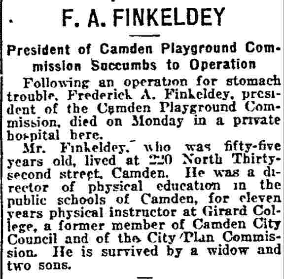 Philadelphia Inquirer — October 26, 1921 — Frederick A. Finkeldey obituary notice