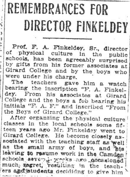 1918 — Frederick A. Finkeldey left Girard College