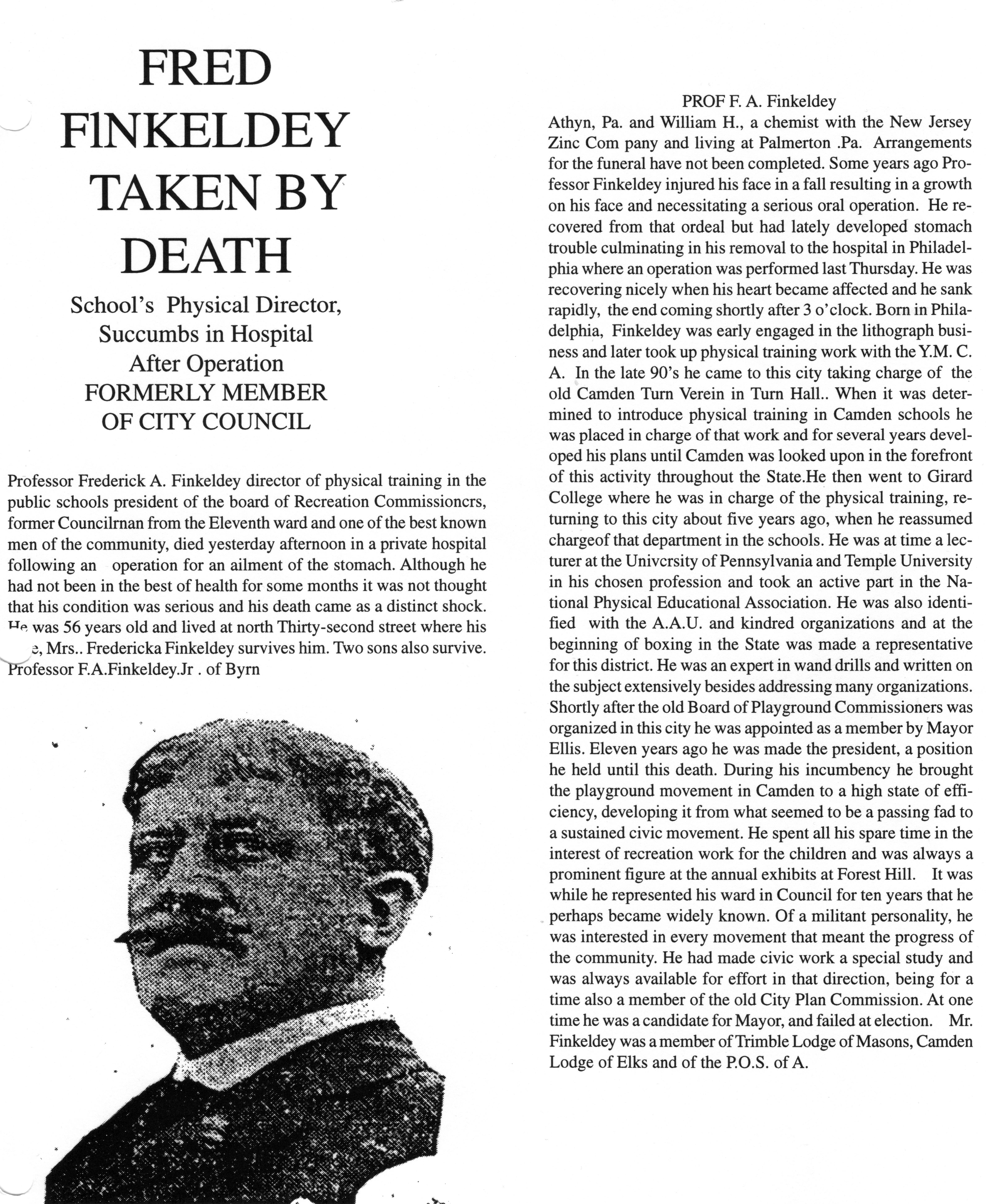 Obituary — Frederick A. Finkeldey — Camden Post-Telegram or Camden Courier, October 25, 1921