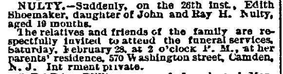 Philadelphia Inquirer clipping, February 28, 1891 — death notice for Edith Shoemaker Nulty