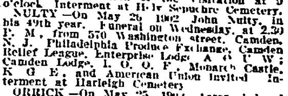 Philadelphia Inquirer death notice for John Nulty, May 27, 1902