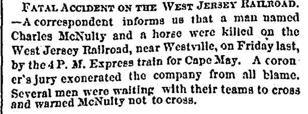 Newark Daily Advertiser clipping, July 30, 1866 — Fatal Accident on the West Jersey Railroad