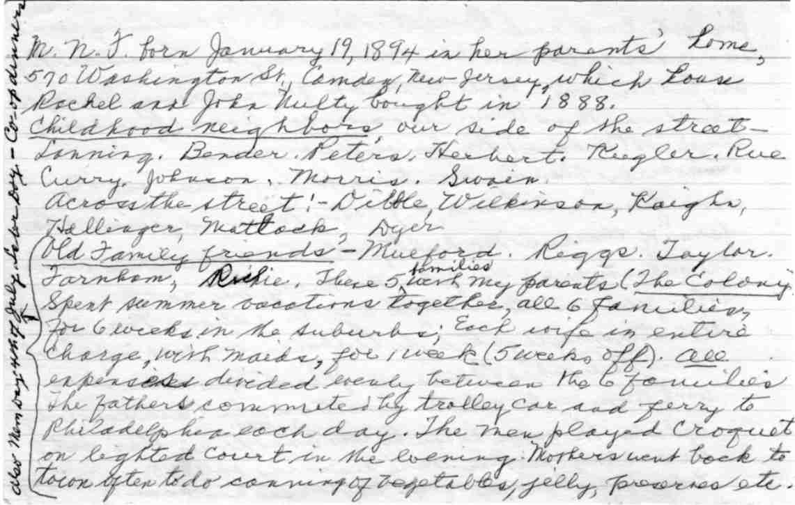 Mimi's Notes — Card 1: childhood, neighbors, and summer vacations