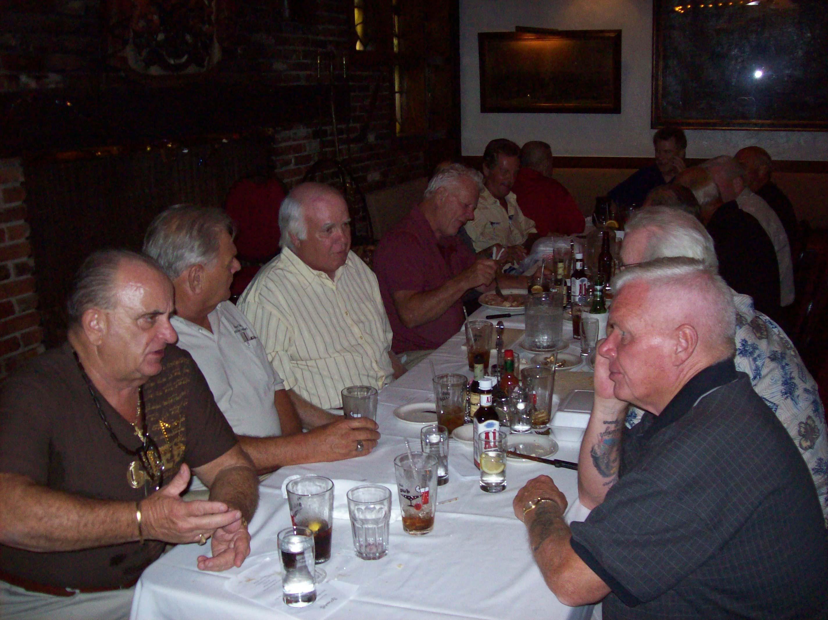 Camden Fire Department Reunion Dinner, August 26, 2009 — From Left front: Frank McGuckin, Herb Leary, Hugh Vogel, Dennis Diehl, Bill Huelas; At Rear: Bill O'Dennis, Joe Kirk, Ernie Gribaudo; At Right: Bill Bain