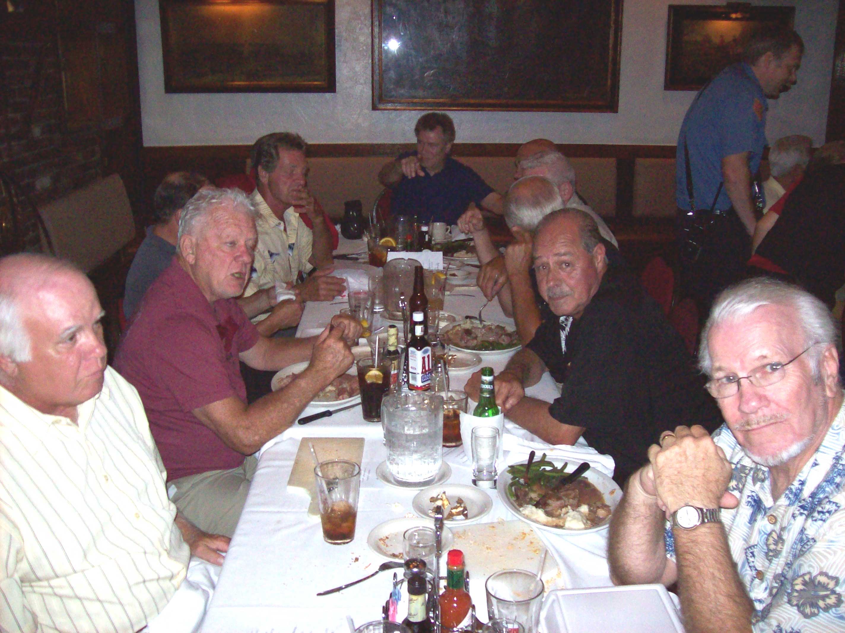 Camden Fire Department Reunion Dinner, August 26, 2009 — From Left front: Hugh Vogel, Dennis Deal, Mike Galasso, Bill Huelas; At Rear: Joe Kirk; From Right rear: Ernie Gribaudo, Steve Sklar, Ferd Meloni, Mike Smaritto, Butch Devine; Standing, in uniform: Ed Glassman