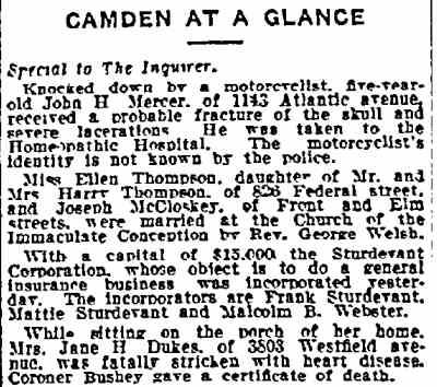 Philadelphia Inquirer obituary notice for Jane H. Dukes, July 1, 1915