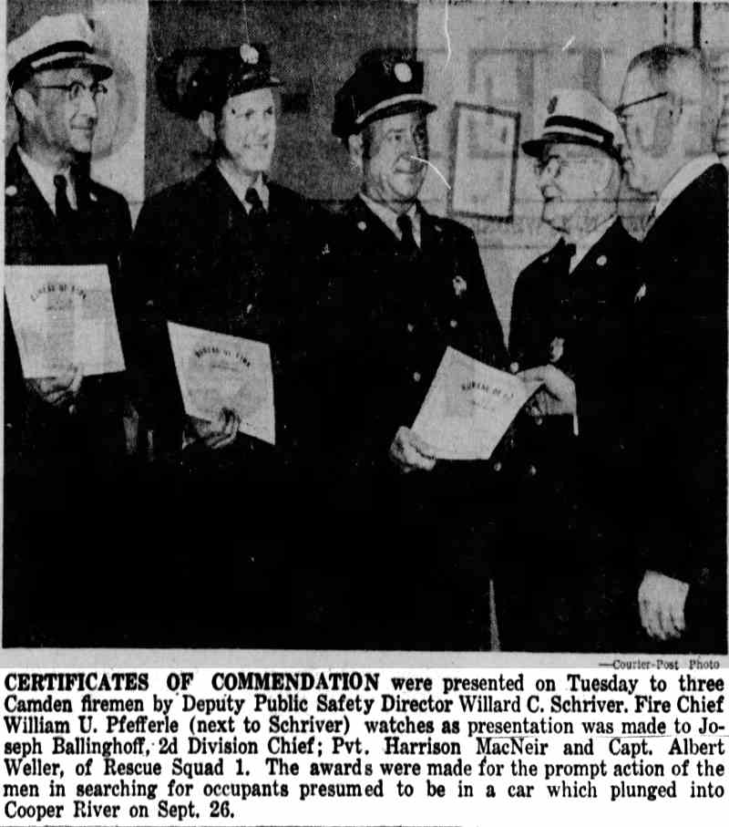 Certificates of Commendation presented to Camden firemen, October 9, 1957