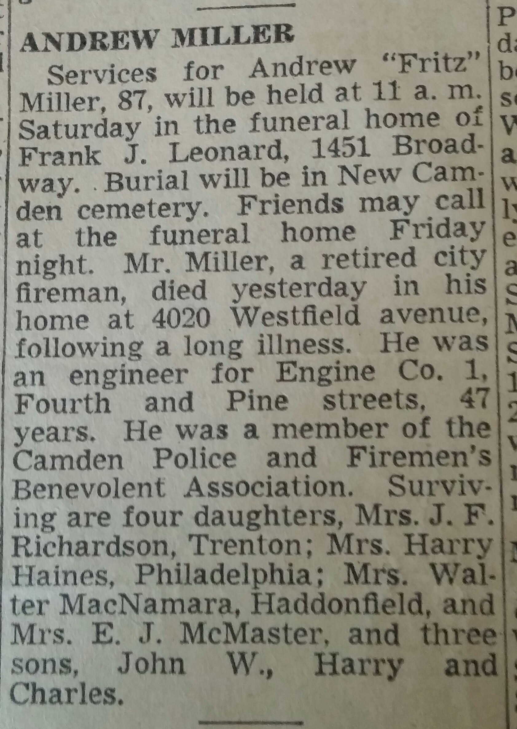 Andrew Fritz Miller obituary, 1948