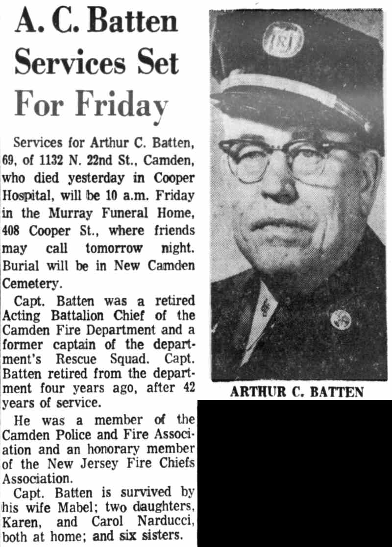 Obituary and portrait of Arthur C. Batten, Camden Courier-Post April 19, 1972