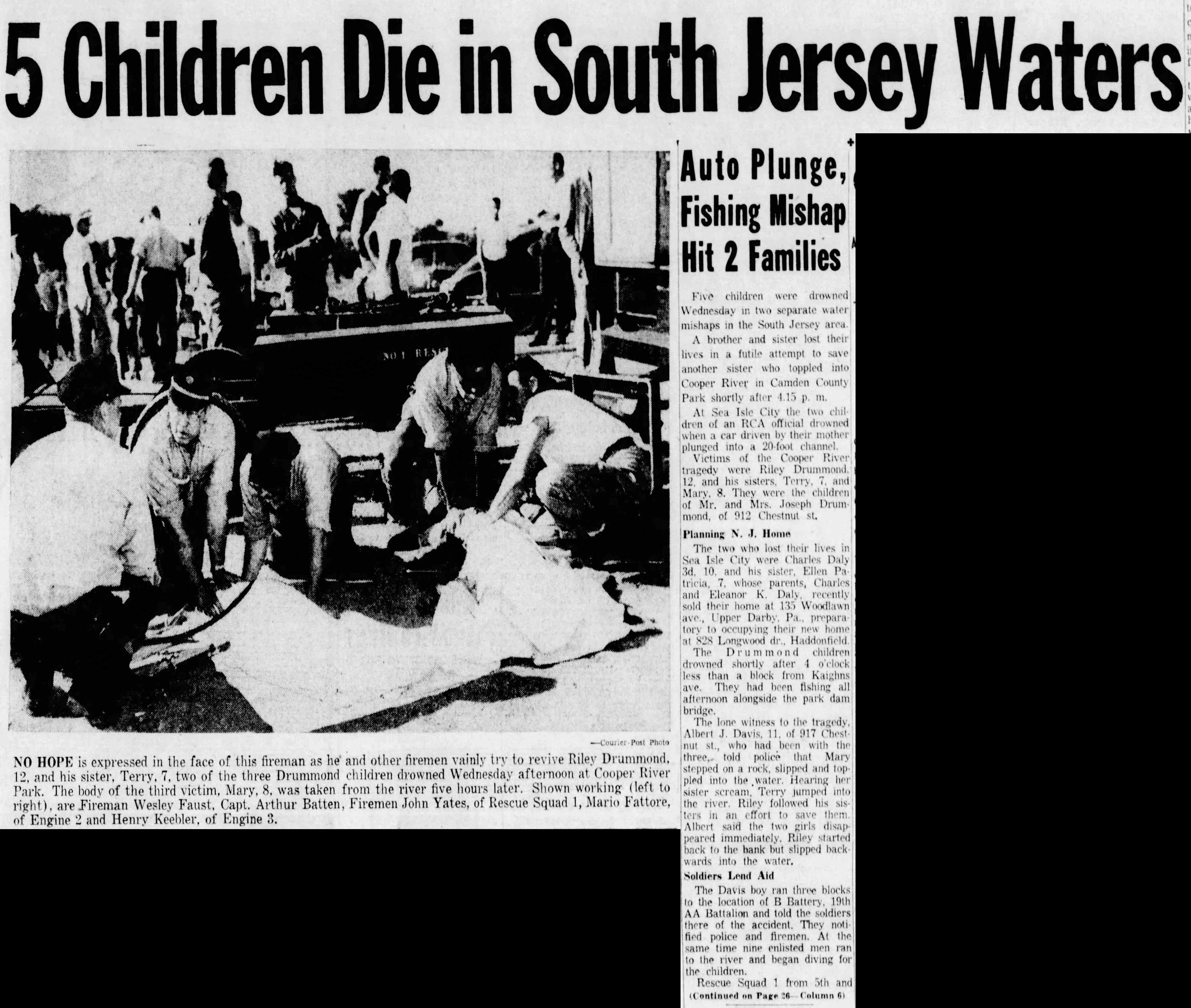 Camden Courier-Post, August 12, 1954 — 5 Children Die in South Jersey Waters