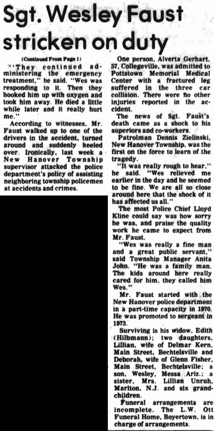 Continued article: Sgt. Wesley Faust stricken on duty