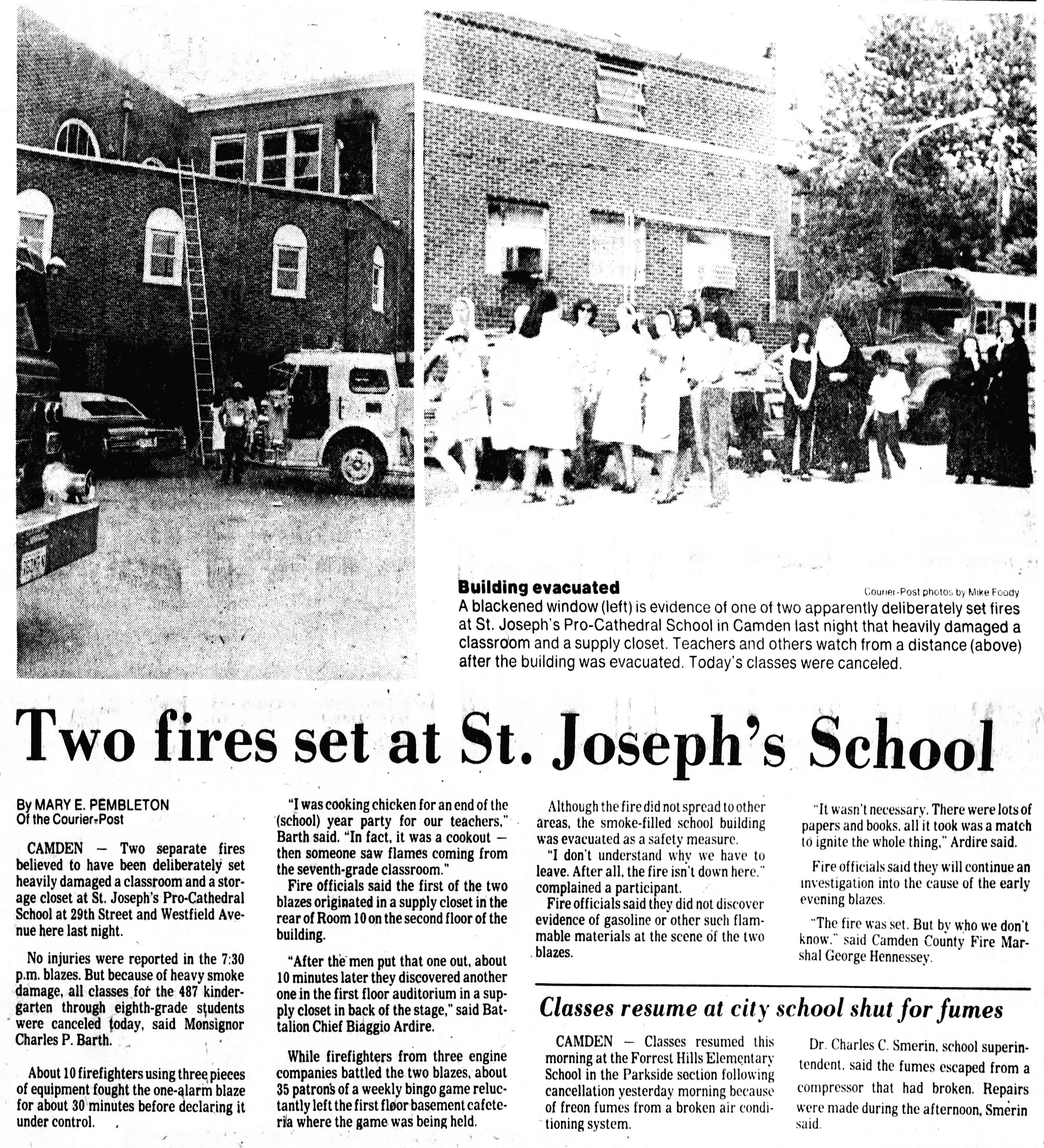 St. Joseph Pro-Cathedral School fire, Camden Courier-Post, June 9, 1981