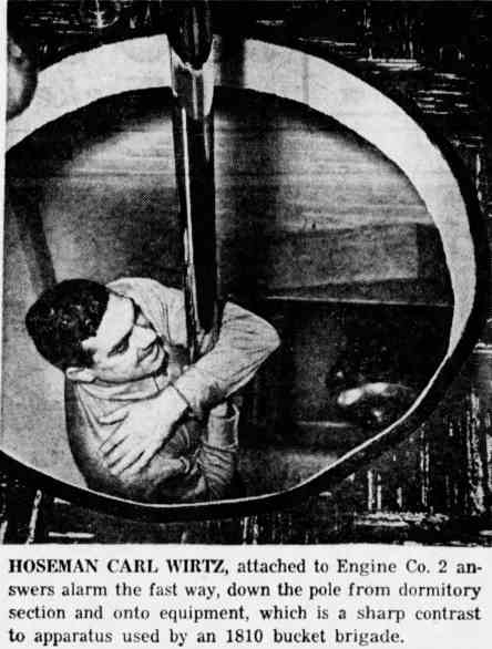 Hoseman Carl Wirtz sliding down fire pole