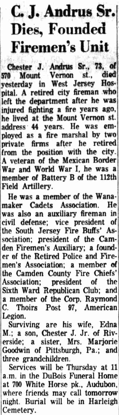 Chester J. Andrus obituary, Camden Courier-Post, February 11, 1964