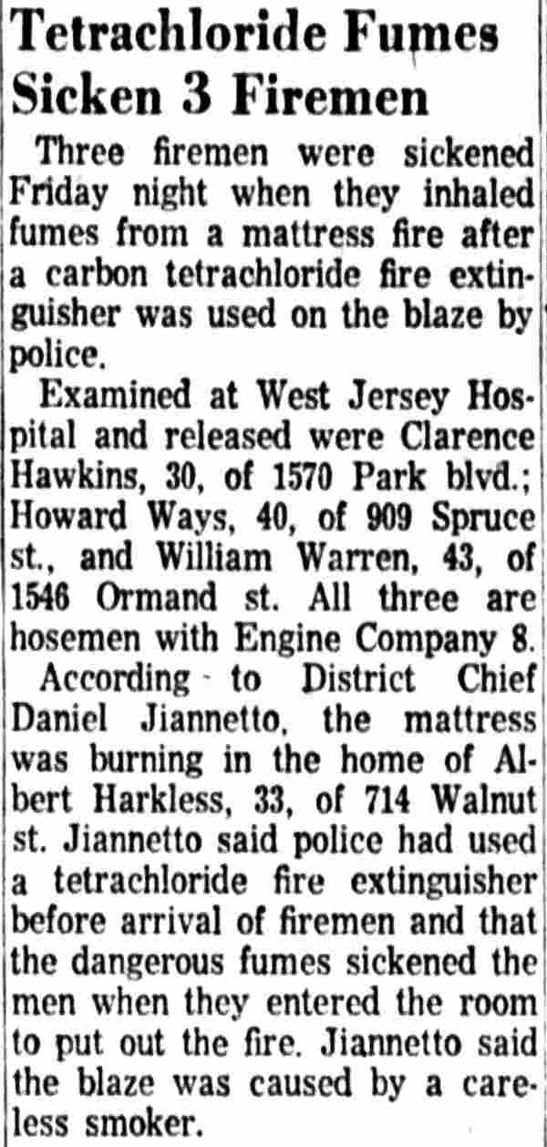 Tetrachloride Fumes Sicken 3 Firemen, Clarence Hawkins, 1570 Park Boulevard, March 4, 1961