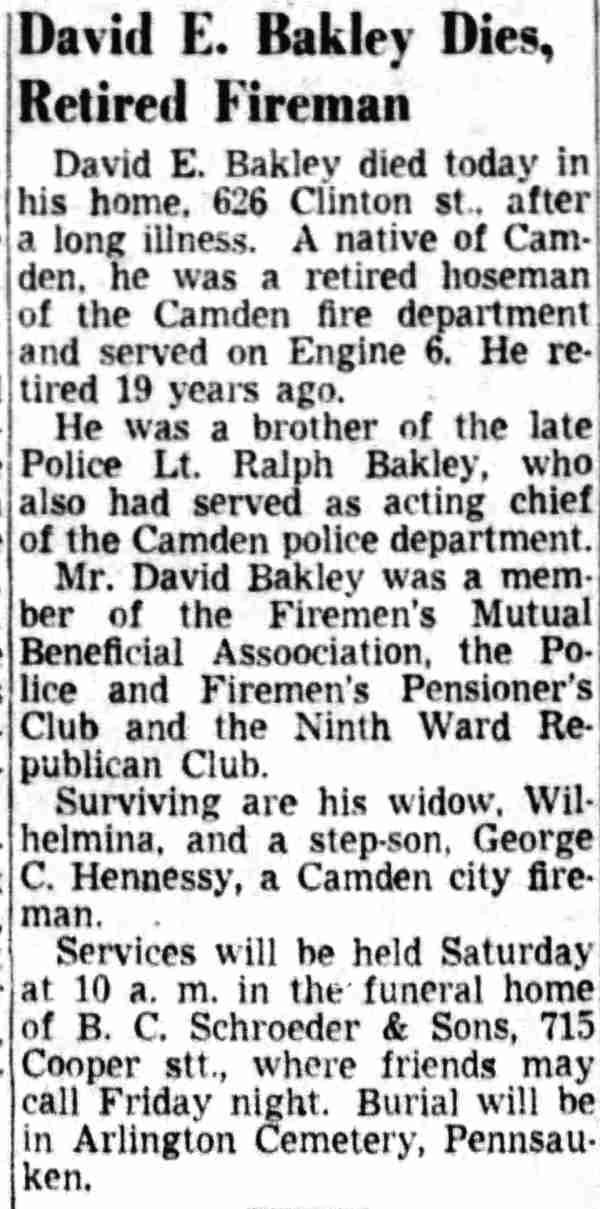 Camden Courier-Post obituary for David E. Bakley, June 25, 1952