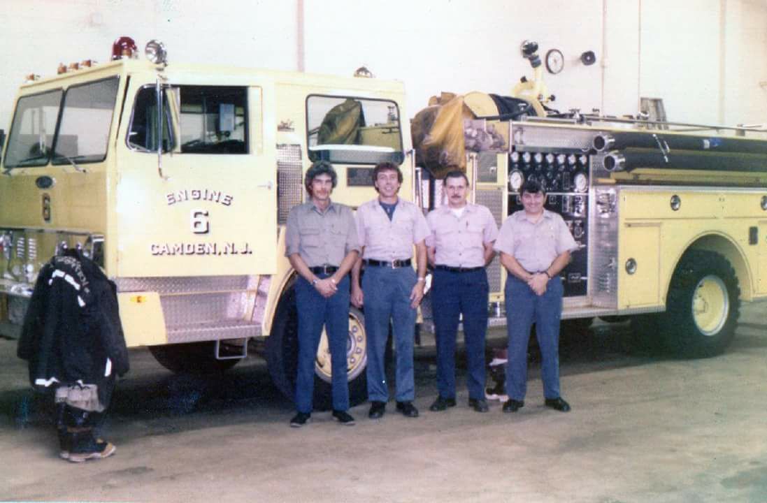 Engine Company 6 crew, about 1984: Jerry Garten Jr., Robert Basile, Captain Stanley Wysocki, Gus Barbetta