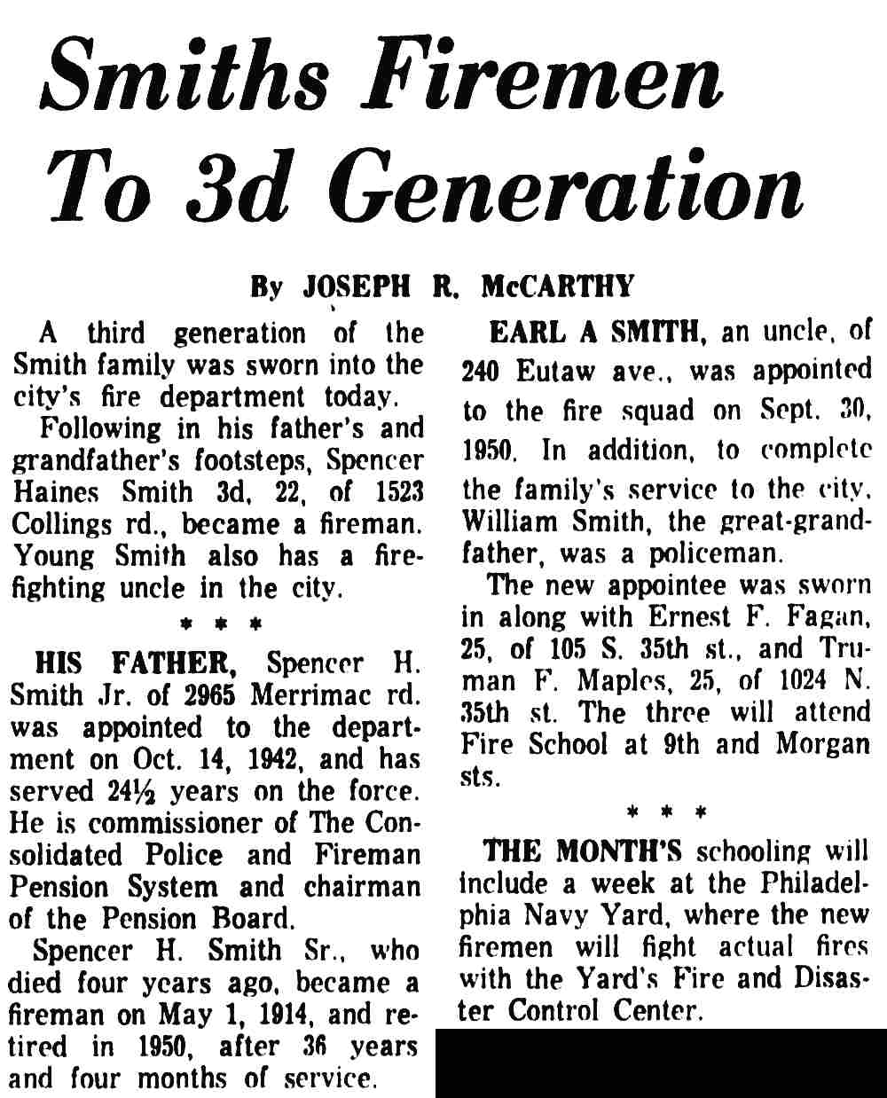 Smiths Firemen To 3d Generation article, Camden Courier-Post, July 10, 1964
