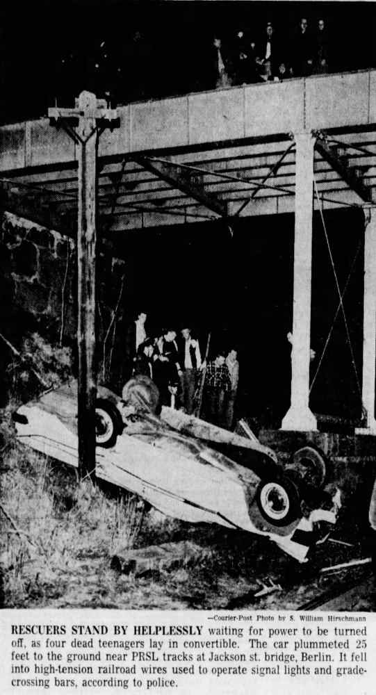 Rescuers stand helplessly as four dead teenagers lay in convertible at Jackson Street bridge, Berlin, Camden Courier-Post, March 19, 1963