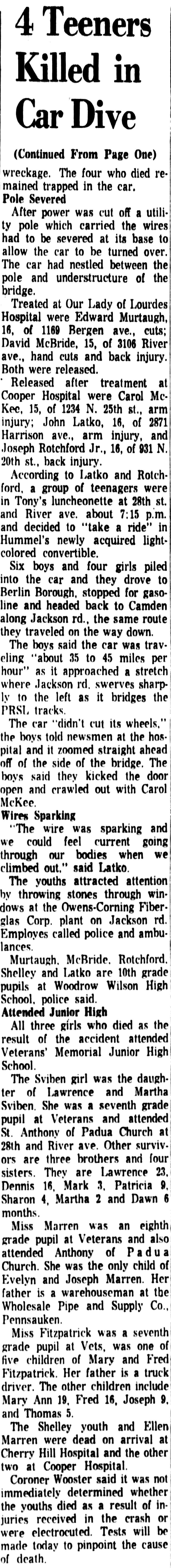 4 Teeners Killed in Car Dive, continuation, Camden Courier-Post, March 19, 1963